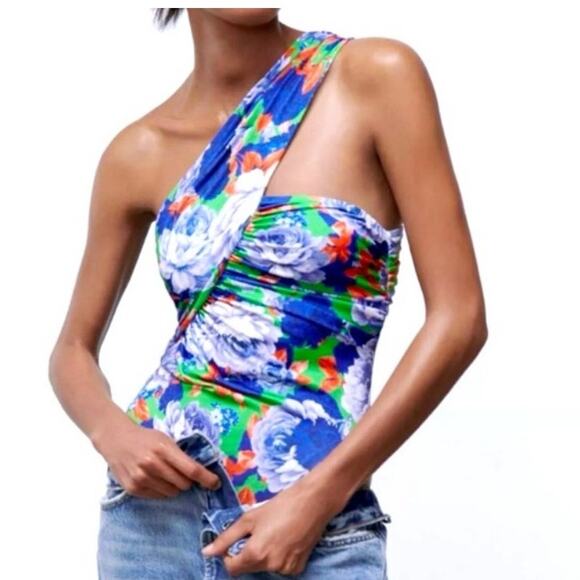 Zara Floral Print Asymmetrical One Shoulder Ruched  Bodysuit Size Medium New - Picture 1 of 10